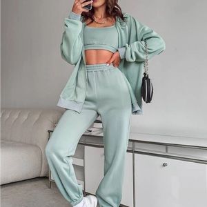 Zip Up Drop Shoulder Drawstring Thermal Lined Hoodie & Tank Top & Sweatpants Set